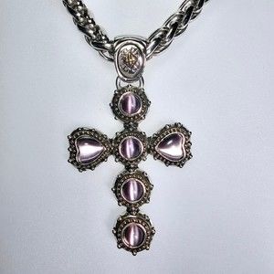 Cross Necklace Purple Cat's Eye Heart Silvertone Western Religious Pendant
